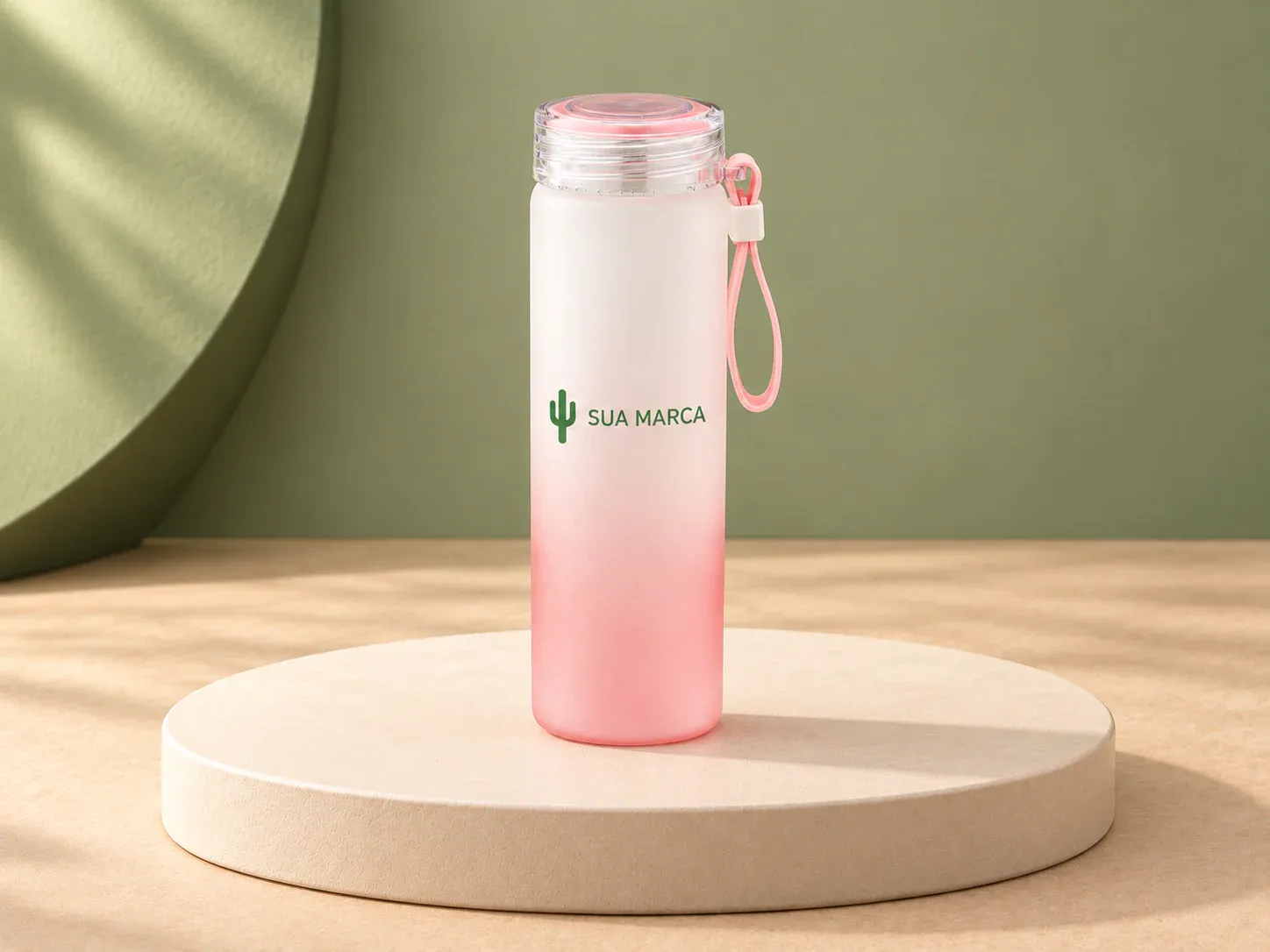 Squeeze em vidro borossilicato 470 ml, com exemplo de personalização colorida: um cacto e o texto “SUA MARCA” impressos em cor