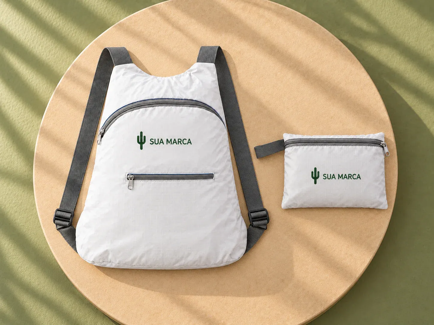 Mochila dobrável em 210D ripstop 8 L, com exemplo de personalização colorida: um cacto e o texto “SUA MARCA” impressos em cor