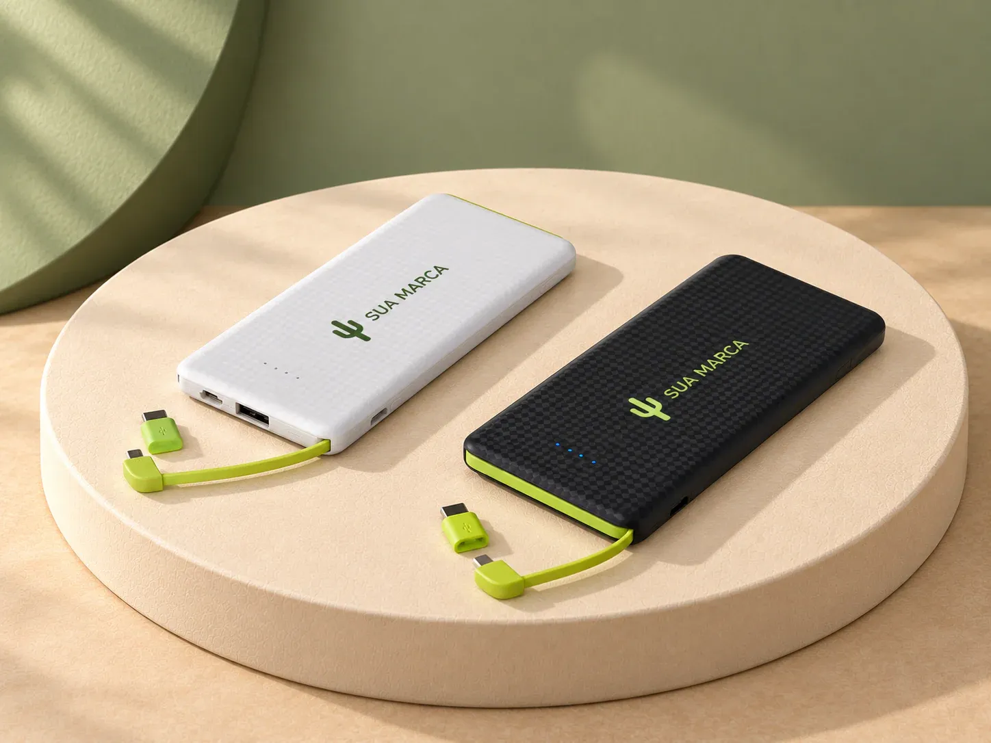 Power bank 5.000 mAh com LED indicador de bateria, com exemplo de personalização colorida: um cacto e o texto “SUA MARCA” impressos em cor
