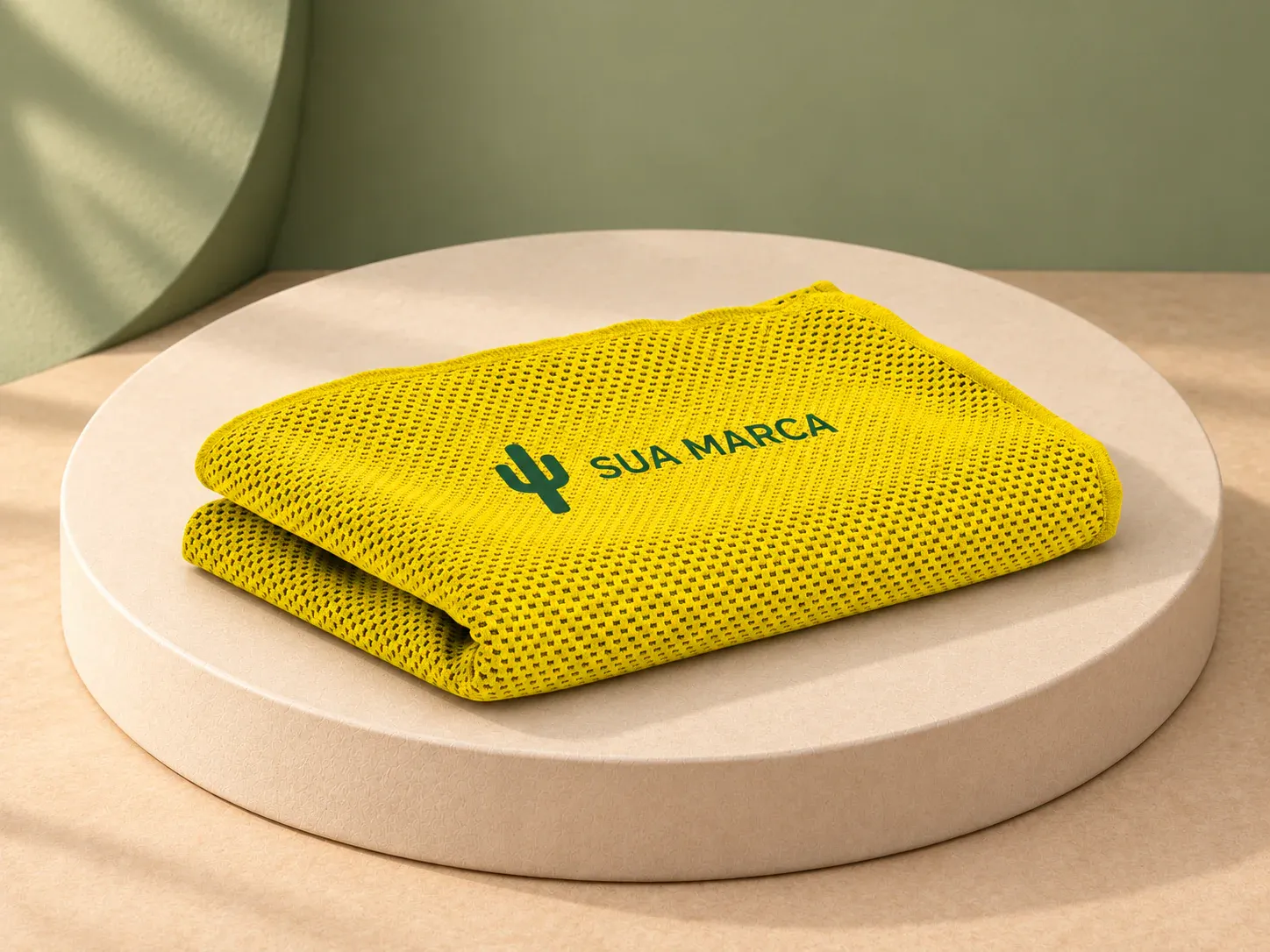 Toalha esportiva refrescante, com exemplo de personalização colorida: um cacto e o texto “SUA MARCA” impressos em cor