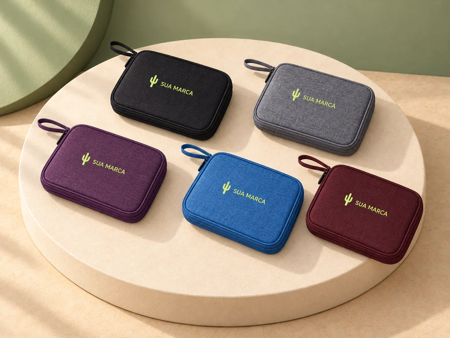 Necessaire à prova d'Água, com exemplo de personalização colorida: um cacto e o texto “SUA MARCA” impressos em cor
