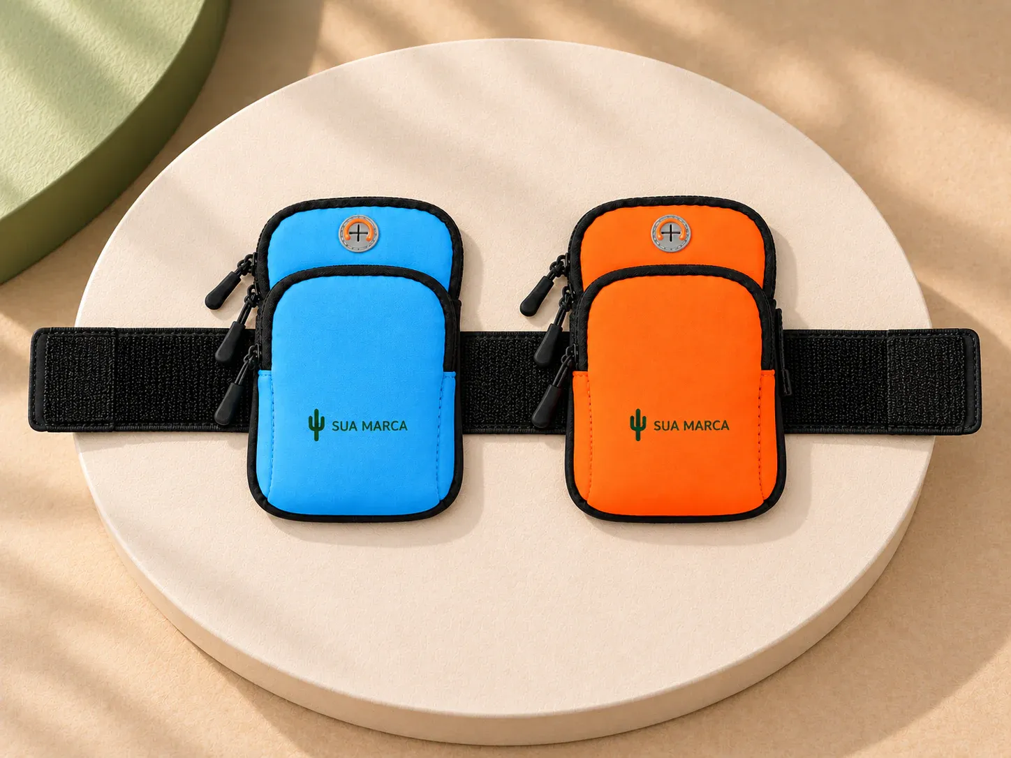 Braçadeira esportiva em neoprene impermeável, com exemplo de personalização colorida: um cacto e o texto “SUA MARCA” impressos em cor