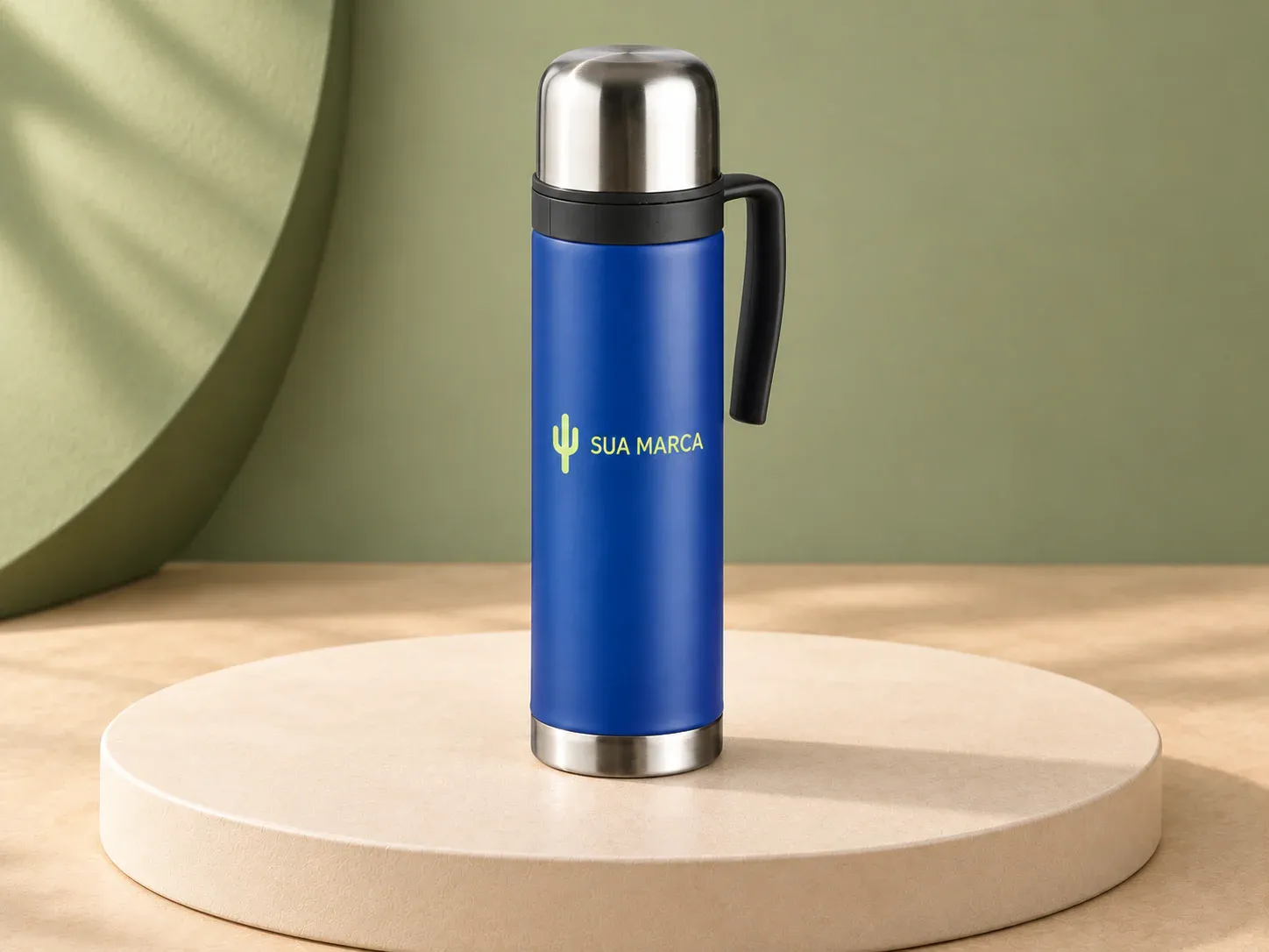 Garrafa térmica inox 750 ml, com exemplo de personalização colorida: um cacto e o texto “SUA MARCA” impressos em cor
