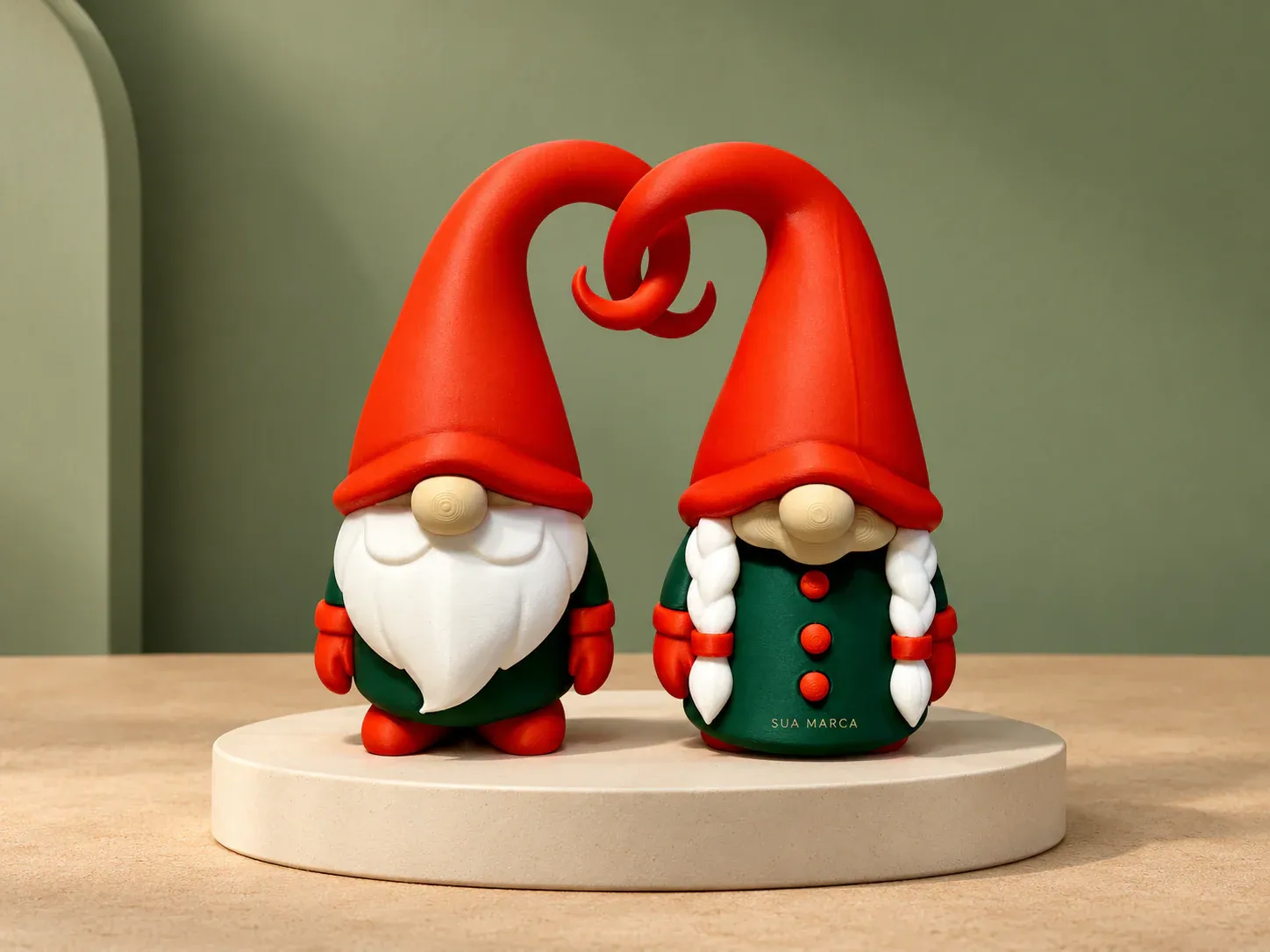 Casal de gnomos natalinos, com exemplo de personalização colorida: um cacto e o texto “SUA MARCA” impressos em cor