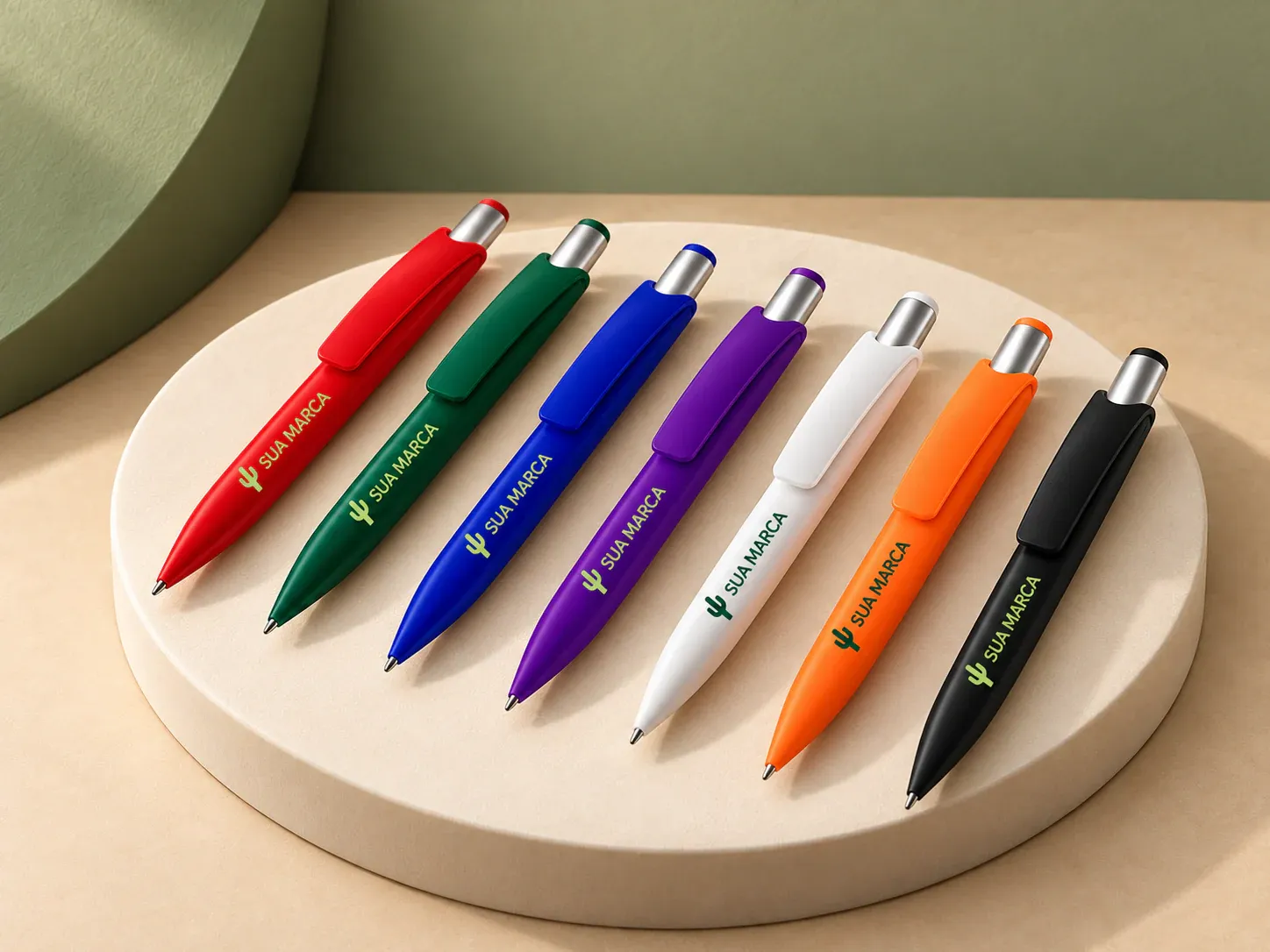 Caneta plástica retrátil, com exemplo de personalização colorida: um cacto e o texto “SUA MARCA” impressos em cor