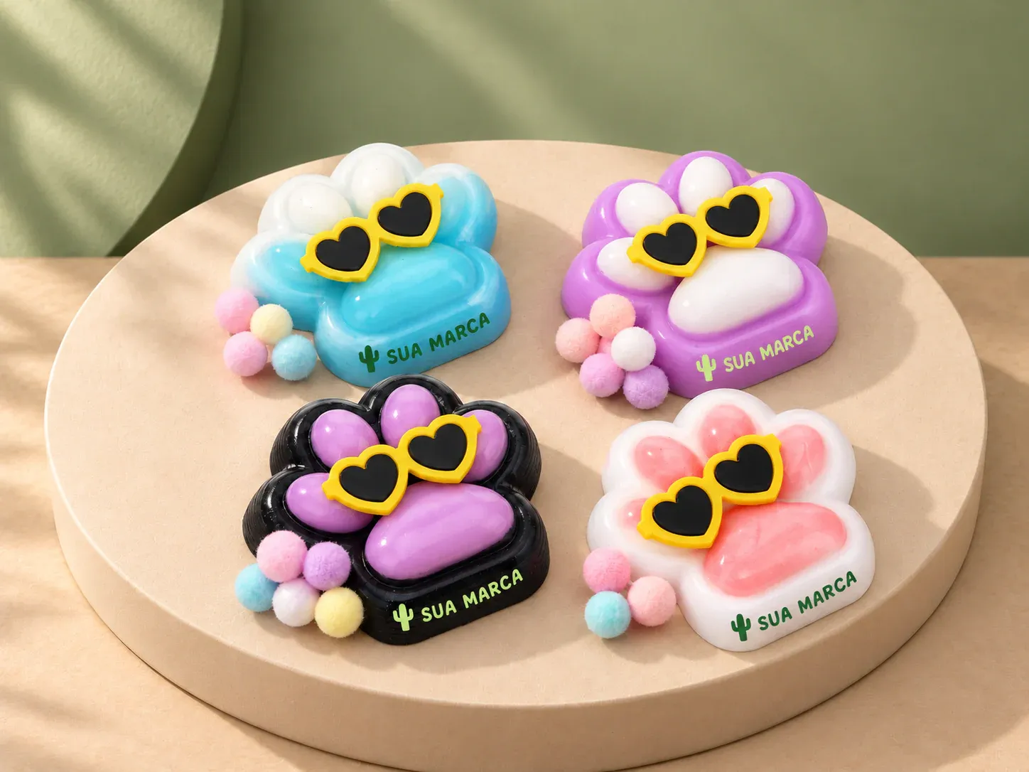 Squishy pata antiestresse com óculos, com exemplo de personalização colorida: um cacto e o texto “SUA MARCA” impressos em cor