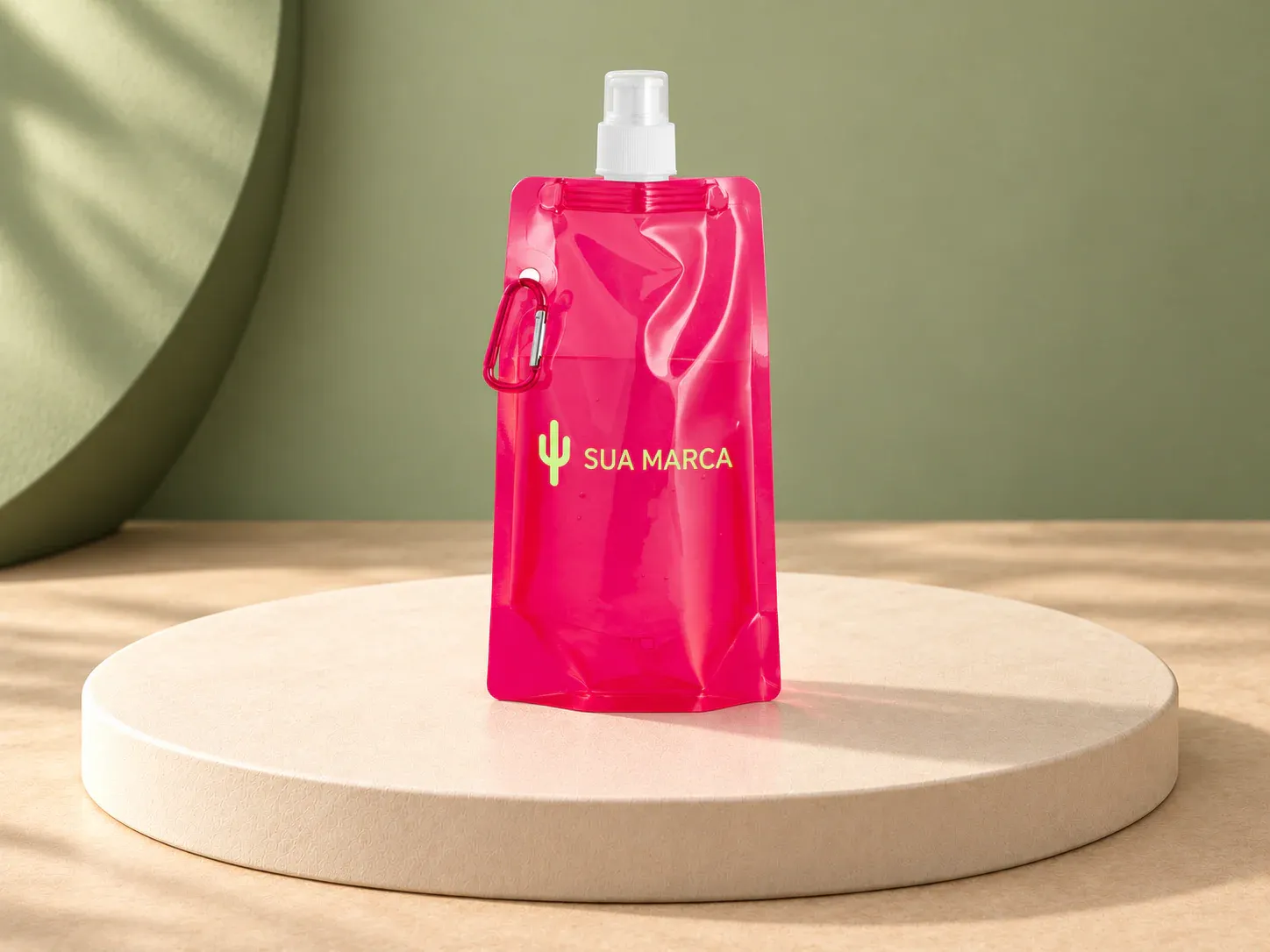 Squeeze dobrável em PE com mosquetão 460 ml, com exemplo de personalização colorida: um cacto e o texto “SUA MARCA” impressos em cor