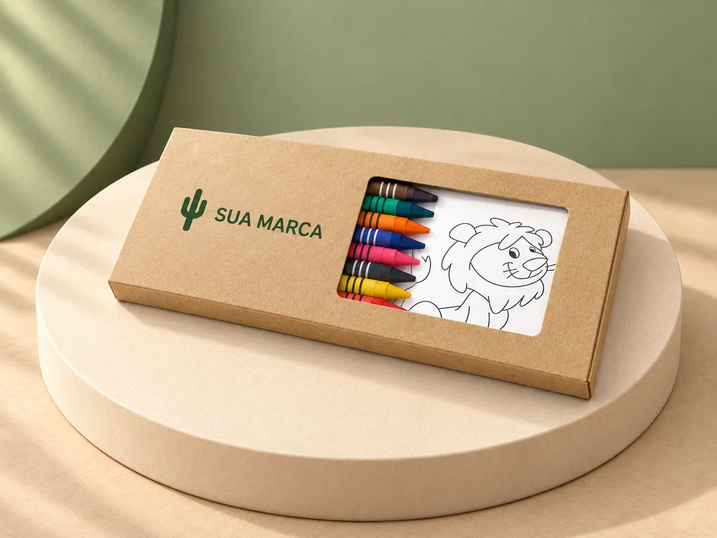 Kit para pintar em caixa de cartão, com exemplo de personalização colorida: um cacto e o texto “SUA MARCA” impressos em cor