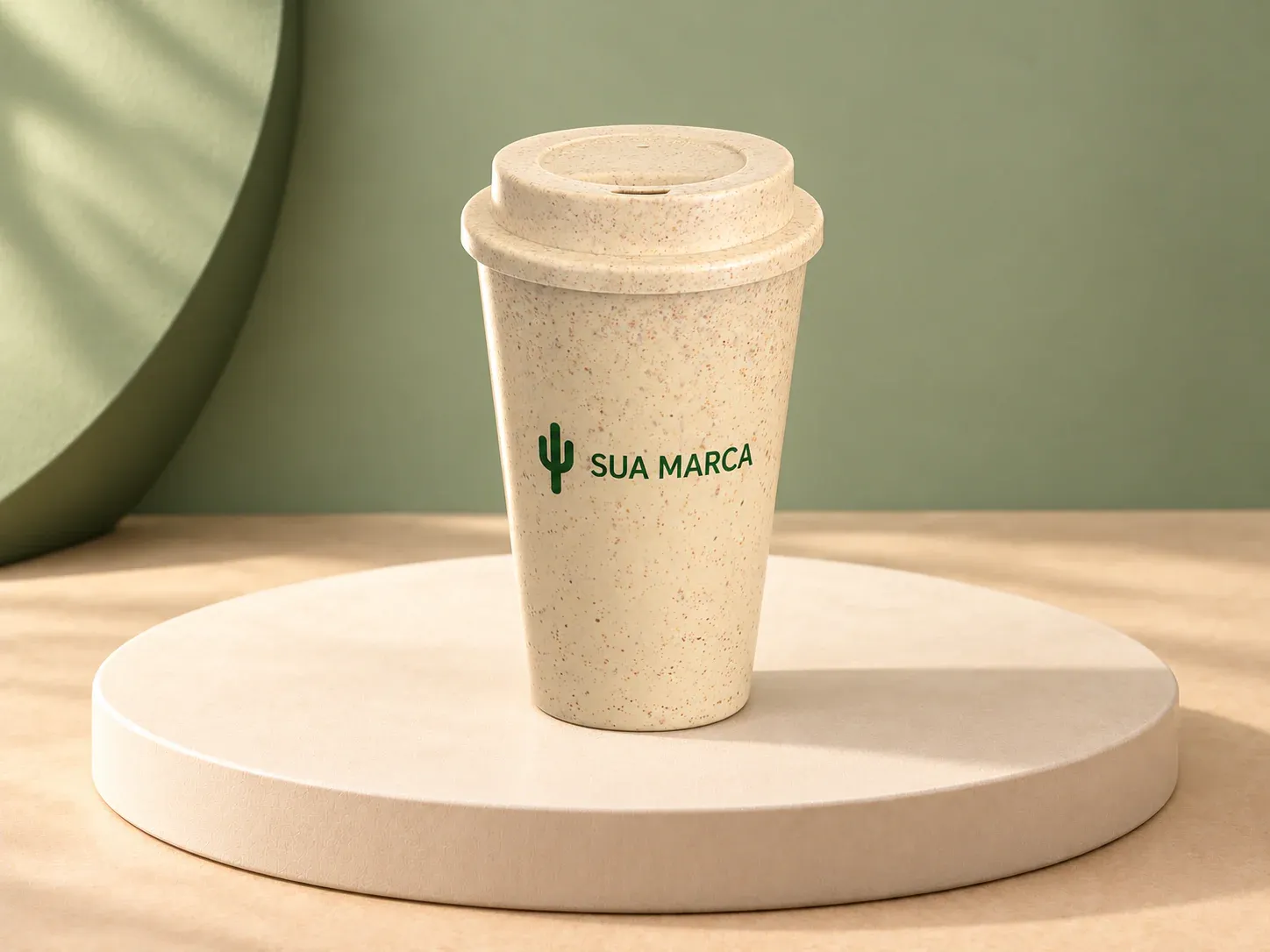 Copo fibra de trigo 470 ml, com exemplo de personalização colorida: um cacto e o texto “SUA MARCA” impressos em cor