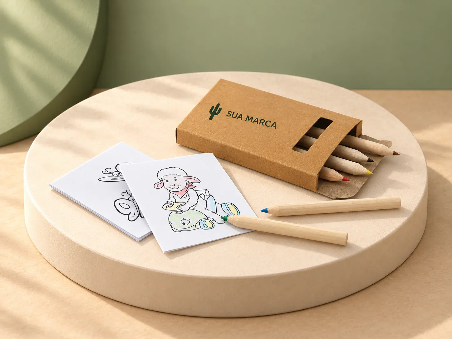 Kit para pintar em caixa de papel kraft reciclado, com exemplo de personalização colorida: um cacto e o texto “SUA MARCA” impressos em cor