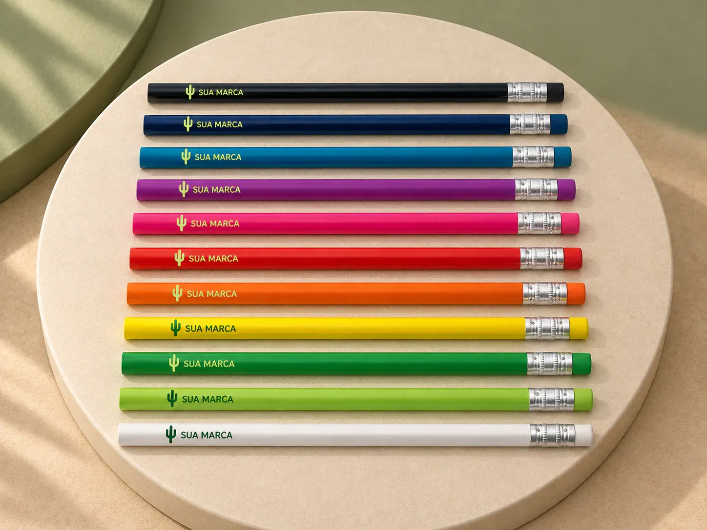 Lápis com borracha, com exemplo de personalização colorida: um cacto e o texto “SUA MARCA” impressos em cor