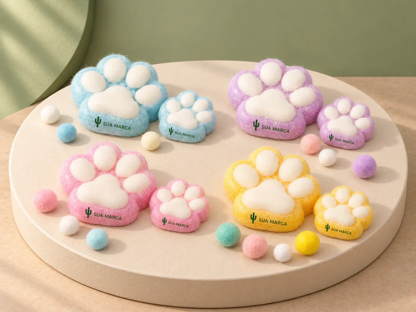 Kit squishy pata antiestresse 2 peças, com exemplo de personalização colorida: um cacto e o texto “SUA MARCA” impressos em cor