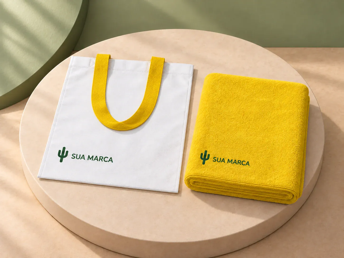Conjunto toalha de praia com sacola, com exemplo de personalização colorida: um cacto e o texto “SUA MARCA” impressos em cor