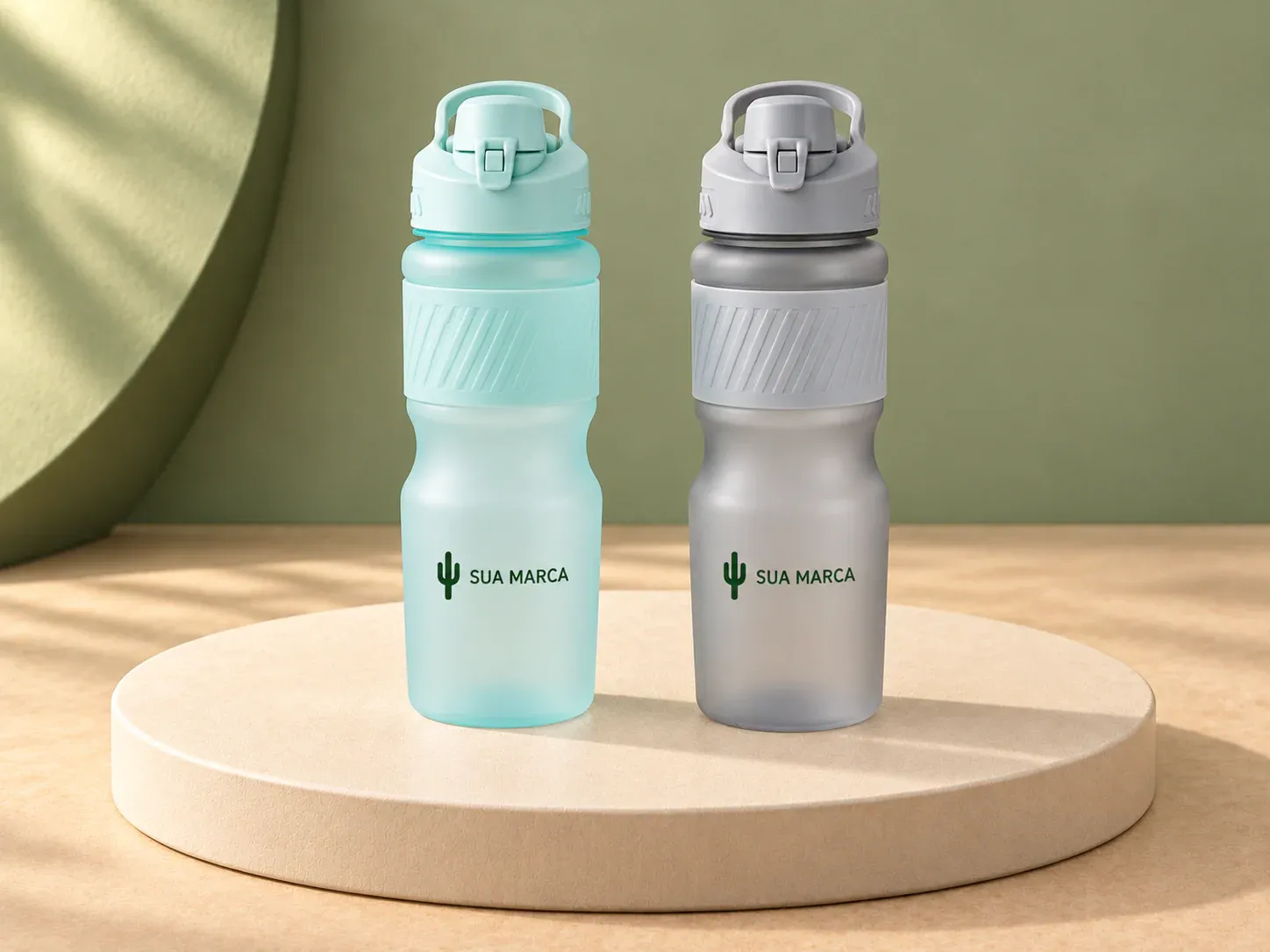 Garrafa plástico 750 ml, com exemplo de personalização colorida: um cacto e o texto “SUA MARCA” impressos em cor
