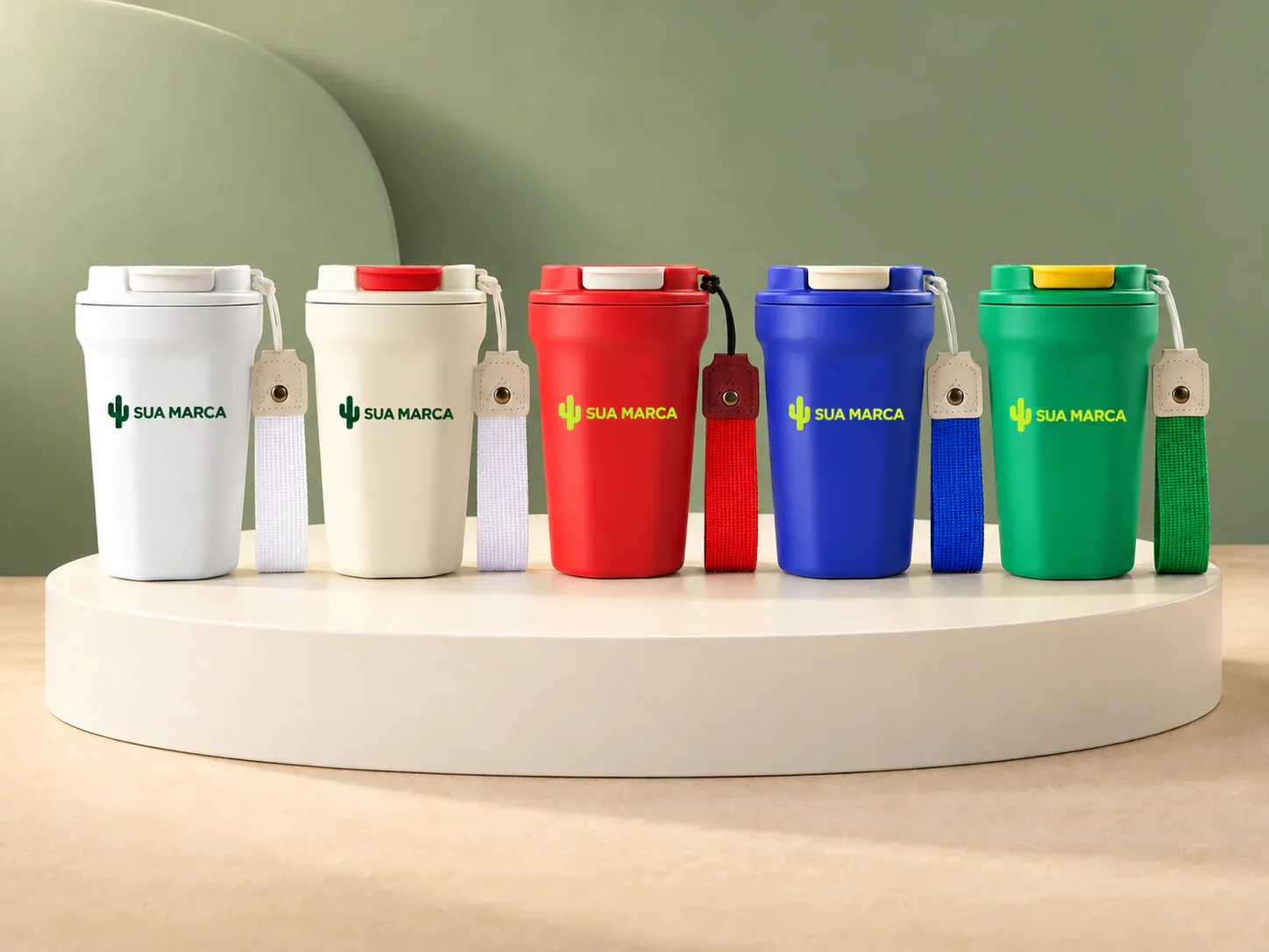 Copo térmico inox 350 ml, com exemplo de personalização colorida: um cacto e o texto “SUA MARCA” impressos em cor