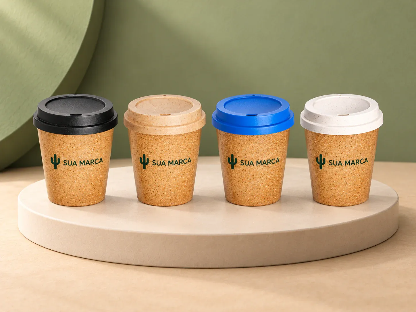 Copo fibra de coco 350 ml, com exemplo de personalização colorida: um cacto e o texto “SUA MARCA” impressos em cor