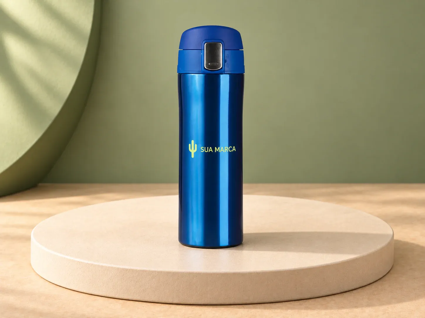 Garrafa térmica 450 ml, com exemplo de personalização colorida: um cacto e o texto “SUA MARCA” impressos em cor