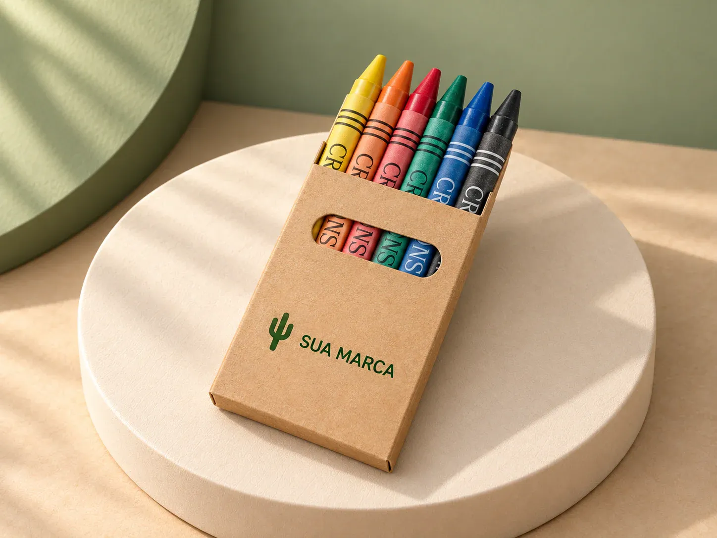 Caixa de papel kraft com 6 gizes de cera, com exemplo de personalização colorida: um cacto e o texto “SUA MARCA” impressos em cor