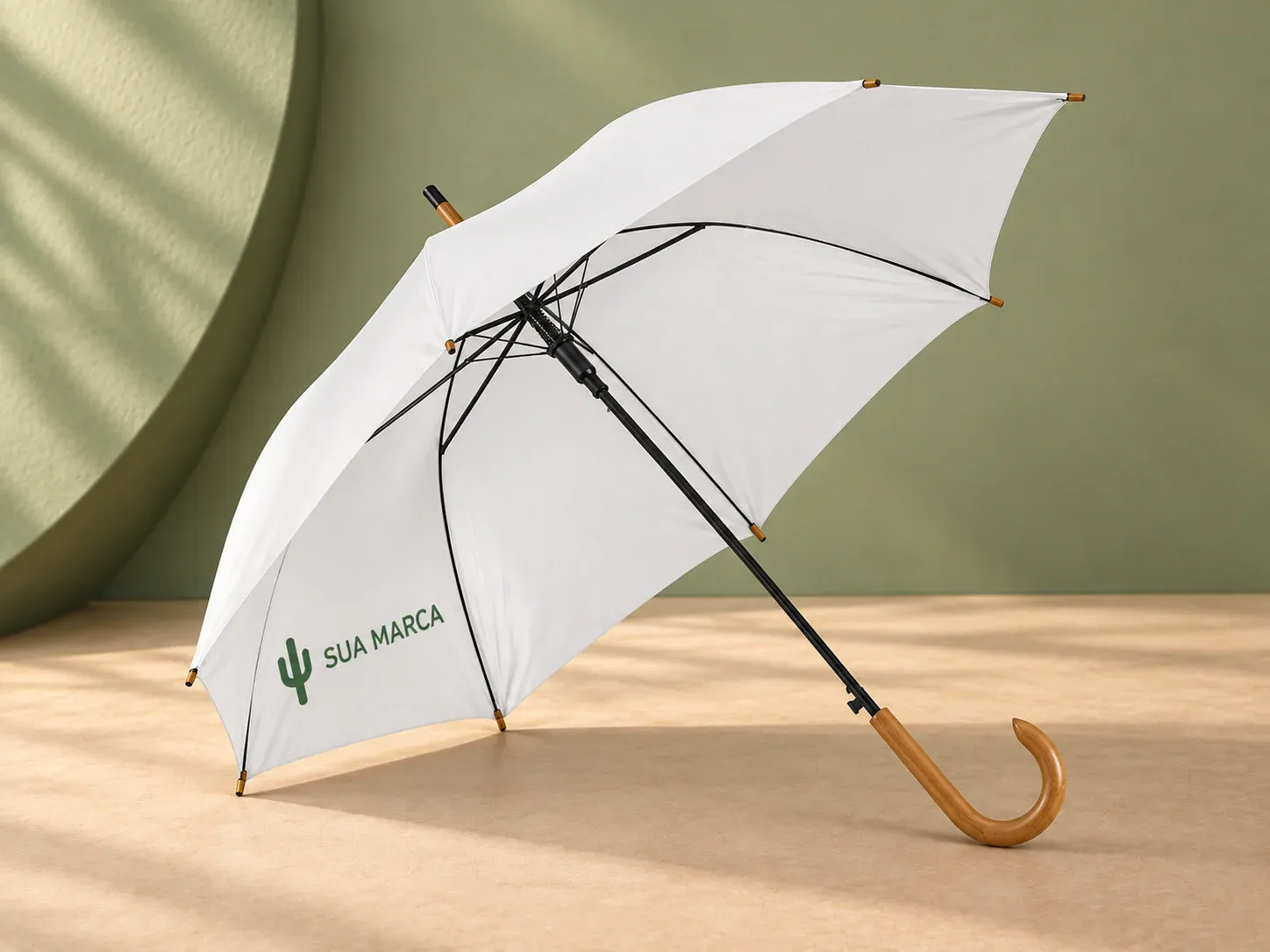 Guarda-chuva em poliéster 190T com abertura automática, com exemplo de personalização colorida: um cacto e o texto “SUA MARCA” impressos em cor