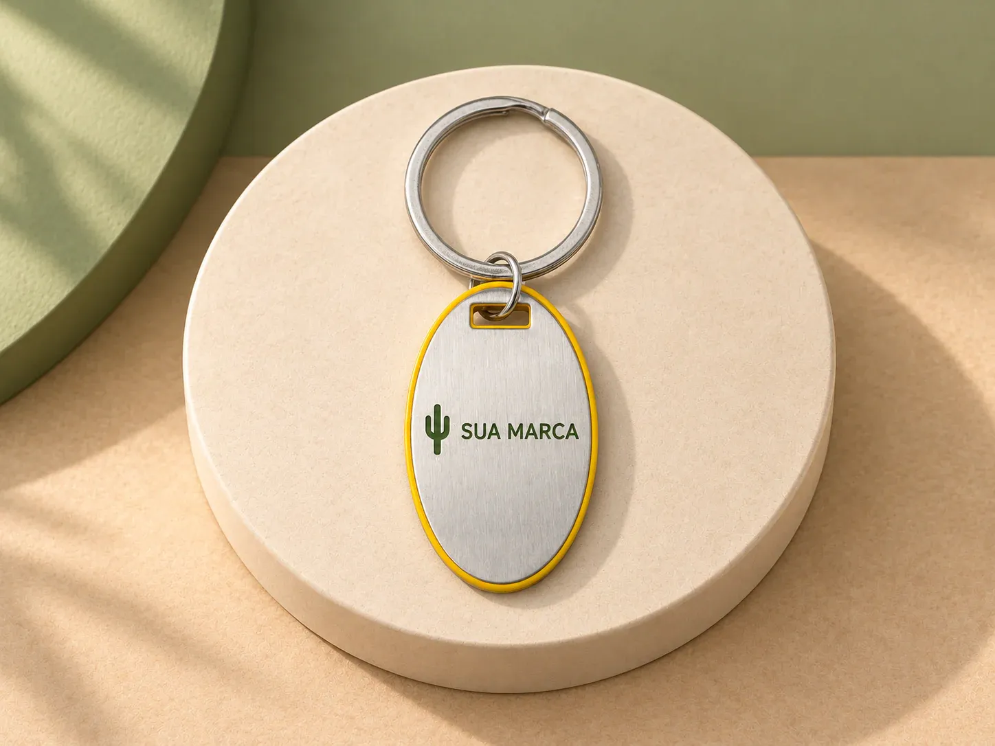Chaveiro oval com detalhe Amarelo, com exemplo de personalização colorida: um cacto e o texto “SUA MARCA” impressos em cor