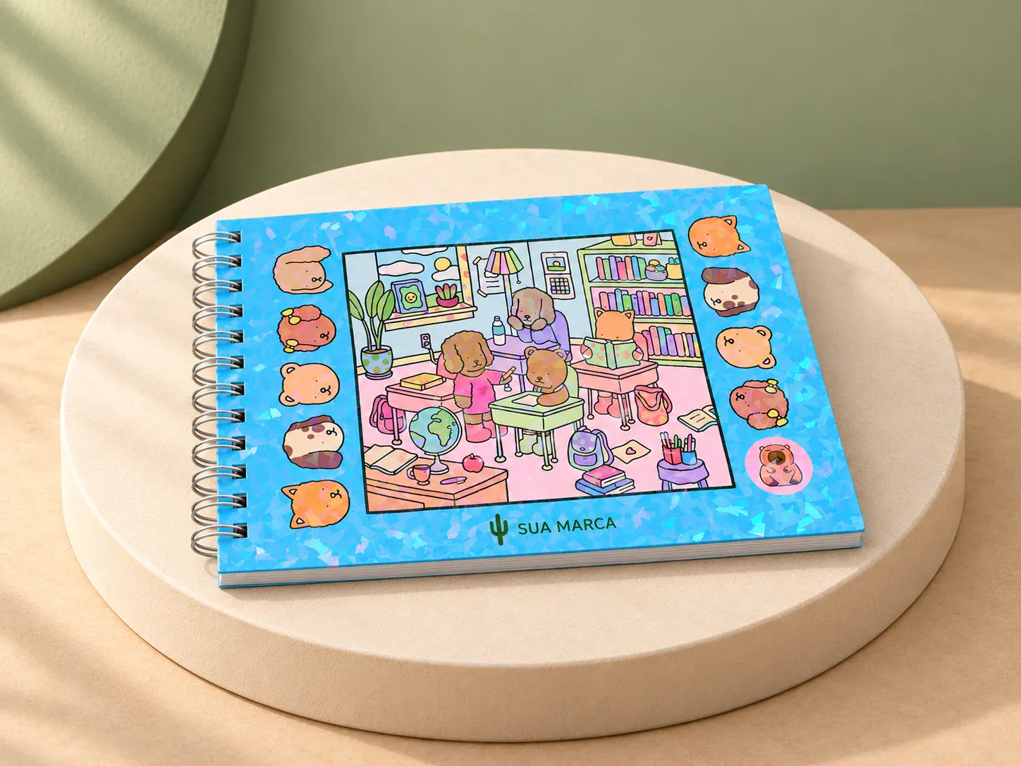 Caderno para colorir desenho animado, com exemplo de personalização colorida: um cacto e o texto “SUA MARCA” impressos em cor
