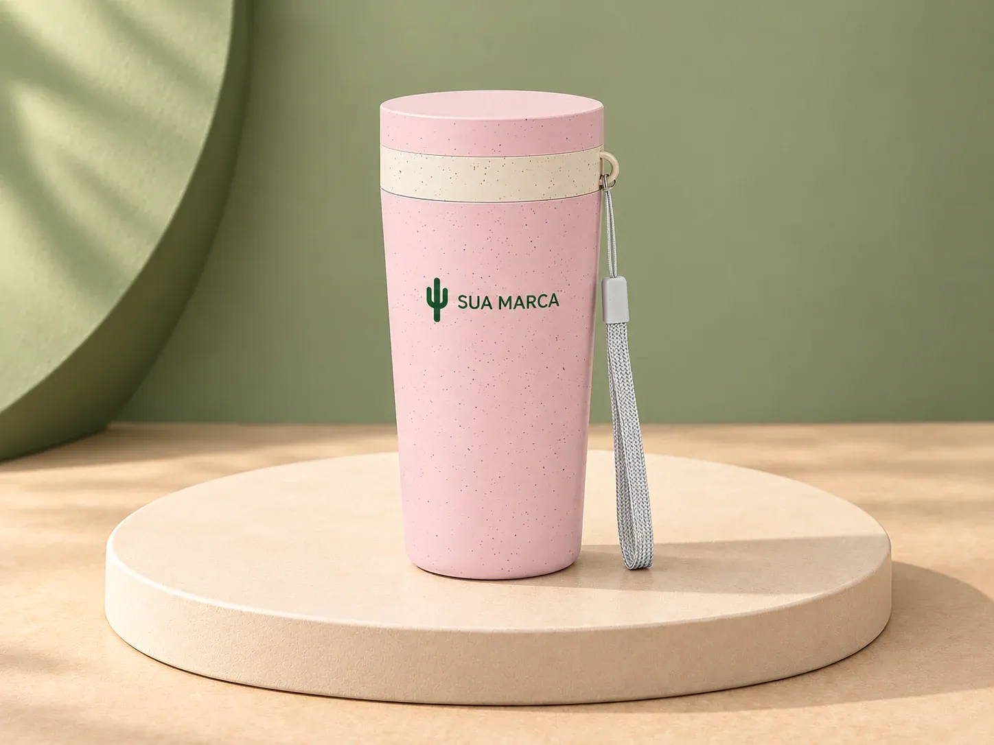 Copo plástico com fibra de trigo e parede dupla 300 ml, com exemplo de personalização colorida: um cacto e o texto “SUA MARCA” impressos em cor