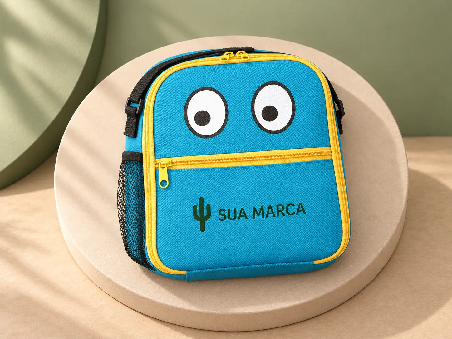 Bolsa térmica infantil em 600D, com exemplo de personalização colorida: um cacto e o texto “SUA MARCA” impressos em cor