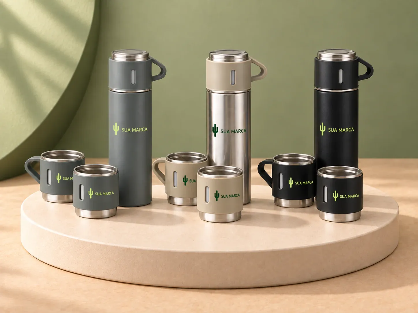 Kit garrafa térmica 450 ml, com exemplo de personalização colorida: um cacto e o texto “SUA MARCA” impressos em cor