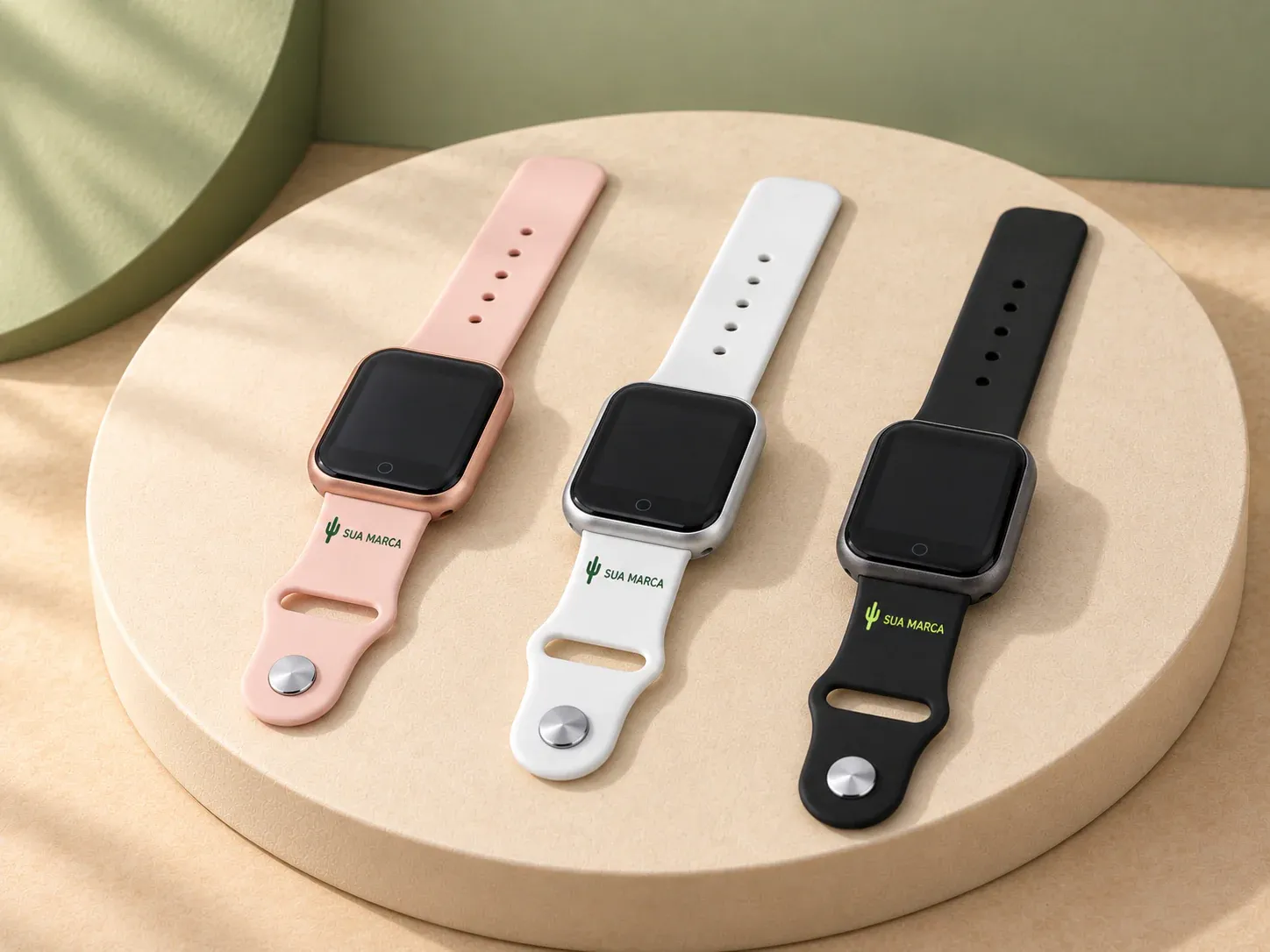 Smartwatch D20 com monitor de saúde, com exemplo de personalização colorida: um cacto e o texto “SUA MARCA” impressos em cor