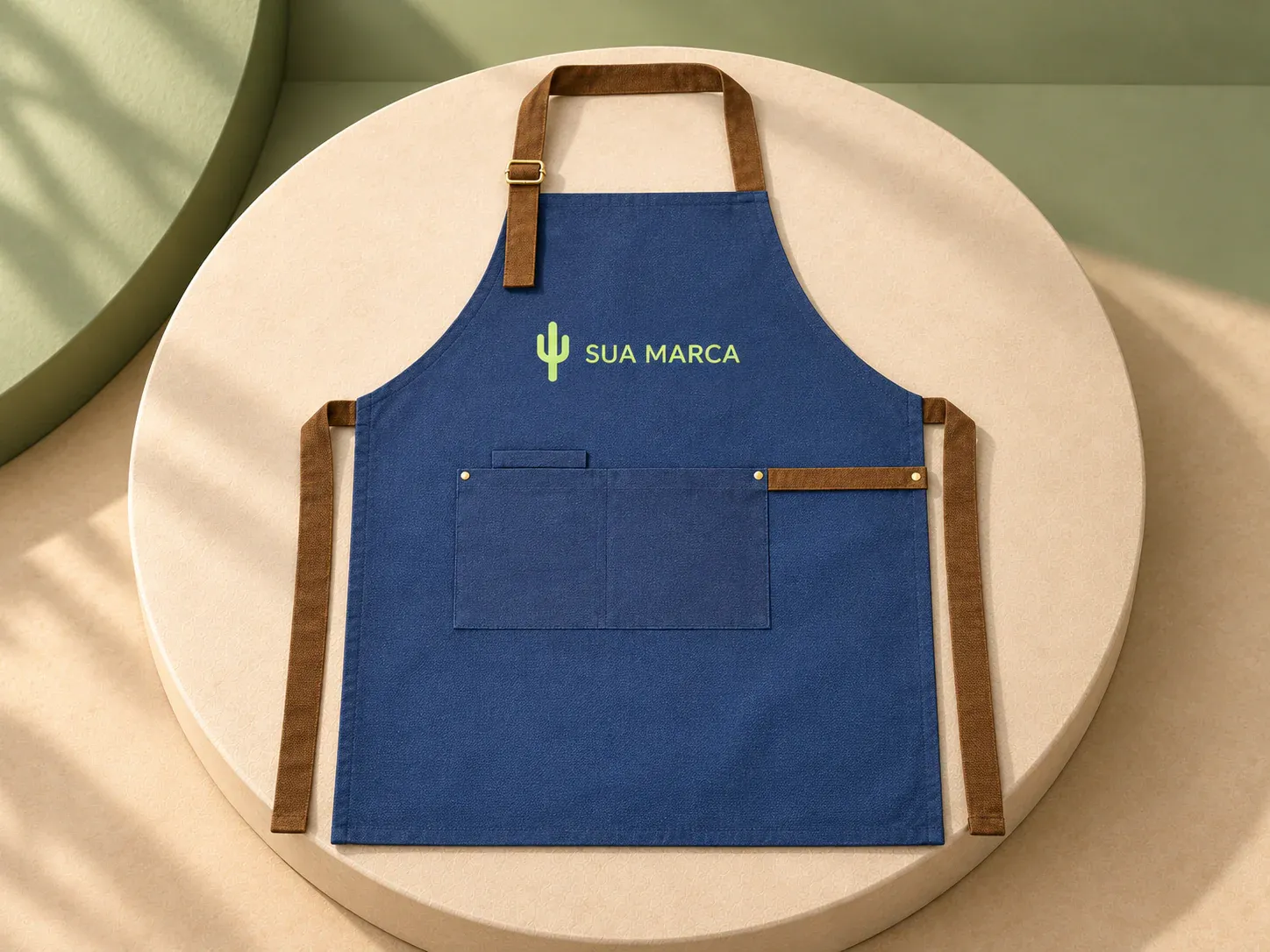Avental 100% algodão canvas com bolsos, com exemplo de personalização colorida: um cacto e o texto “SUA MARCA” impressos em cor