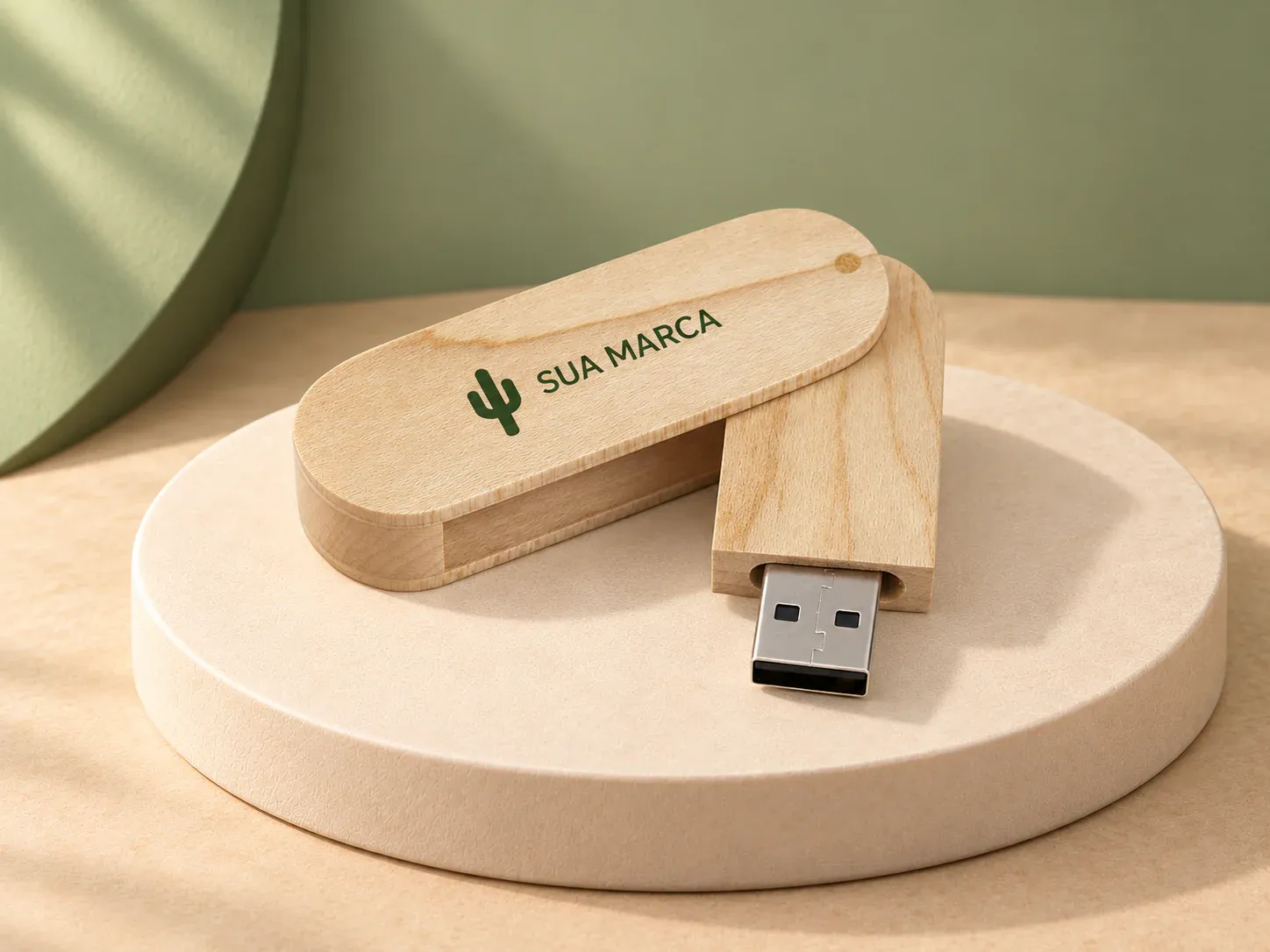 Pen drive de madeira giratório 4 GB, com exemplo de personalização colorida: um cacto e o texto “SUA MARCA” impressos em cor