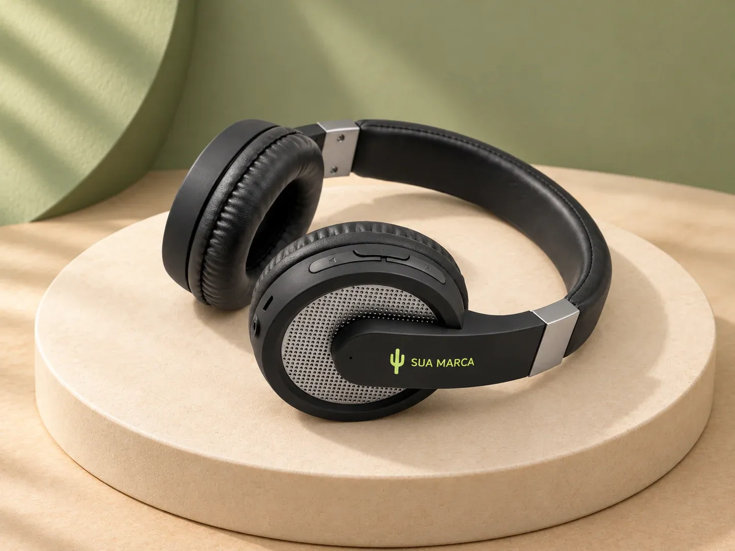 Fone de ouvido wireless com microfone, com exemplo de personalização colorida: um cacto e o texto “SUA MARCA” impressos em cor