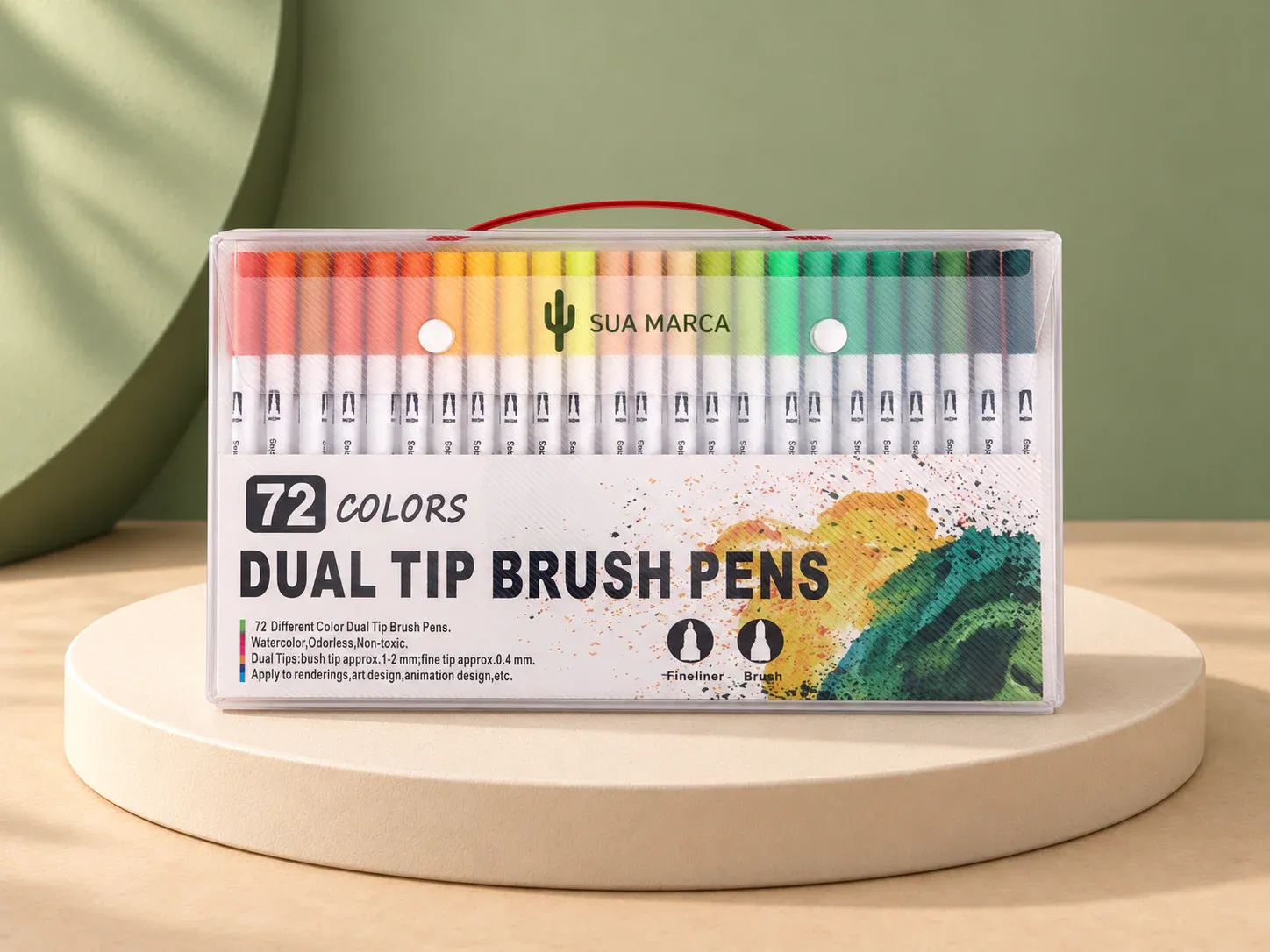 Kit canetinhas ponta dupla 72 cores, com exemplo de personalização colorida: um cacto e o texto “SUA MARCA” impressos em cor