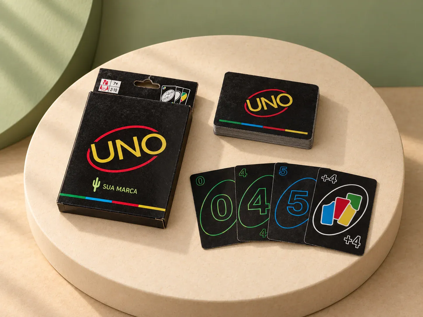 Jogo de cartas minimalista, com exemplo de personalização colorida: um cacto e o texto “SUA MARCA” impressos em cor