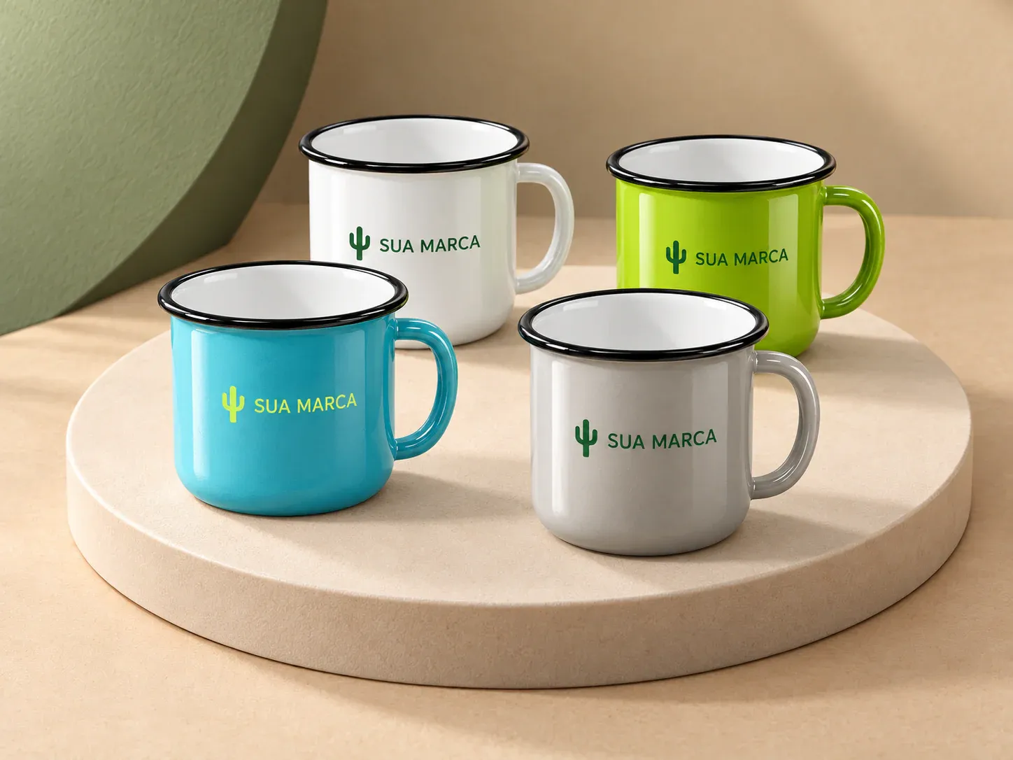Caneca inox 370 ml, com exemplo de personalização colorida: um cacto e o texto “SUA MARCA” impressos em cor