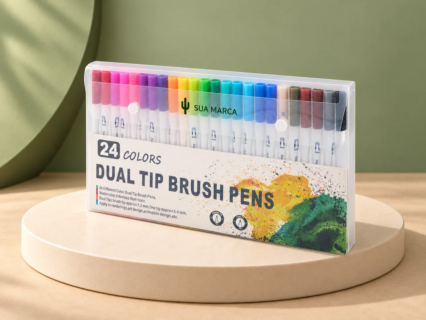 Kit canetinhas ponta dupla 36 cores, com exemplo de personalização colorida: um cacto e o texto “SUA MARCA” impressos em cor