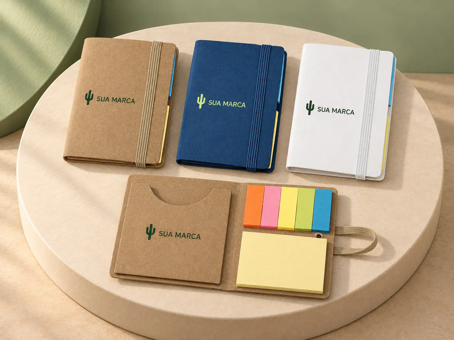 Porta cartões em kraft reciclado com elástico, com exemplo de personalização colorida: um cacto e o texto “SUA MARCA” impressos em cor