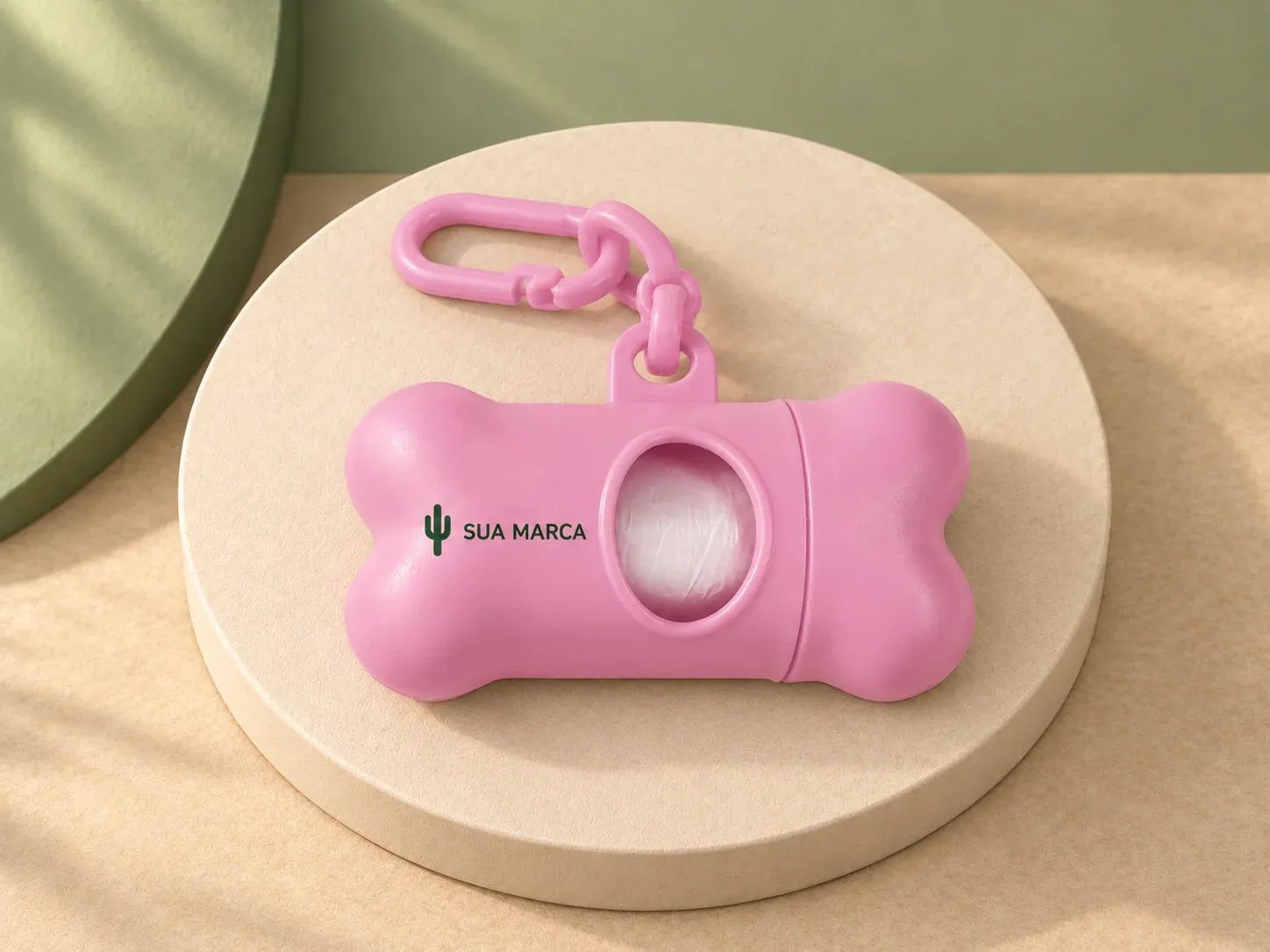 Kit de higiene para cachorro em PP, com exemplo de personalização colorida: um cacto e o texto “SUA MARCA” impressos em cor