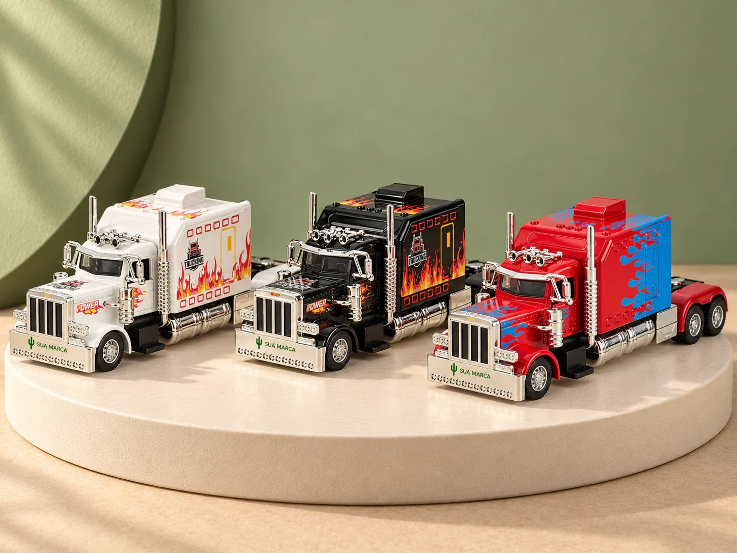 Caminhão de brinquedo em miniatura, com exemplo de personalização colorida: um cacto e o texto “SUA MARCA” impressos em cor