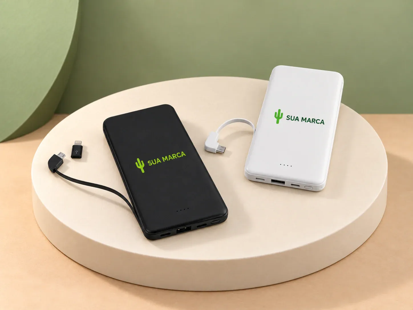 Power bank 10.000 mAh com indicador LED, com exemplo de personalização colorida: um cacto e o texto “SUA MARCA” impressos em cor