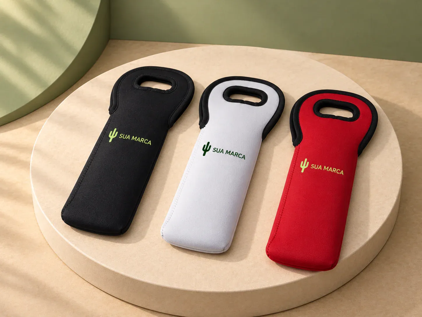 Porta-garrafas isotérmico em neoprene, com exemplo de personalização colorida: um cacto e o texto “SUA MARCA” impressos em cor