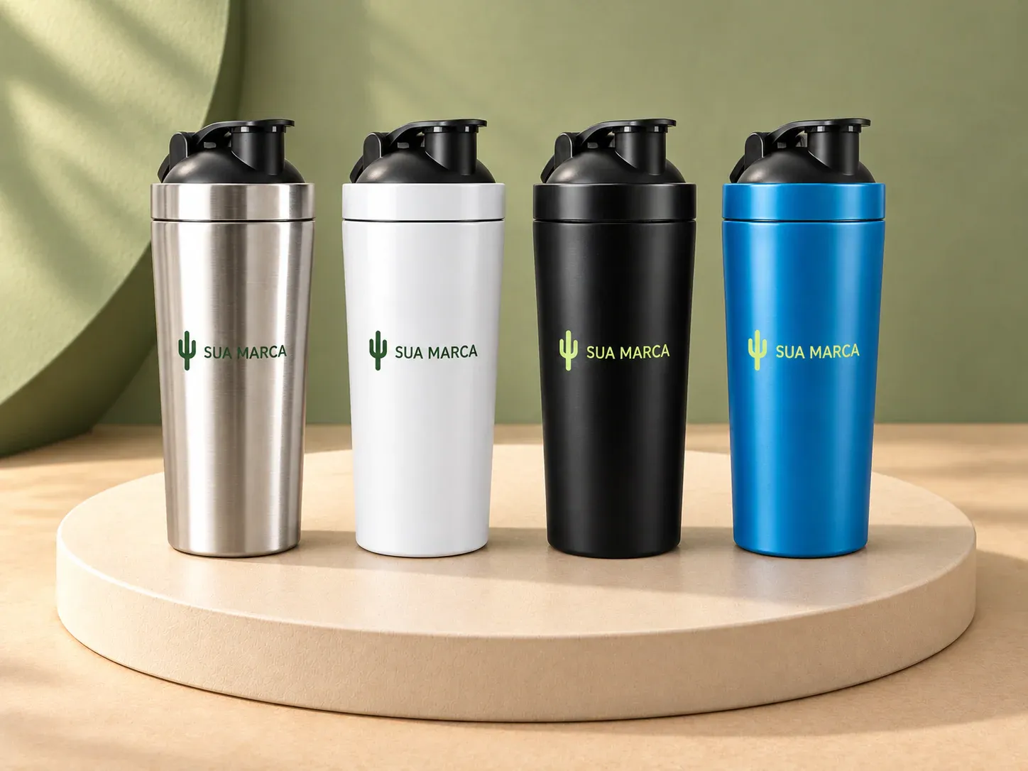 Coqueteleira inox 900 ml, com exemplo de personalização colorida: um cacto e o texto “SUA MARCA” impressos em cor