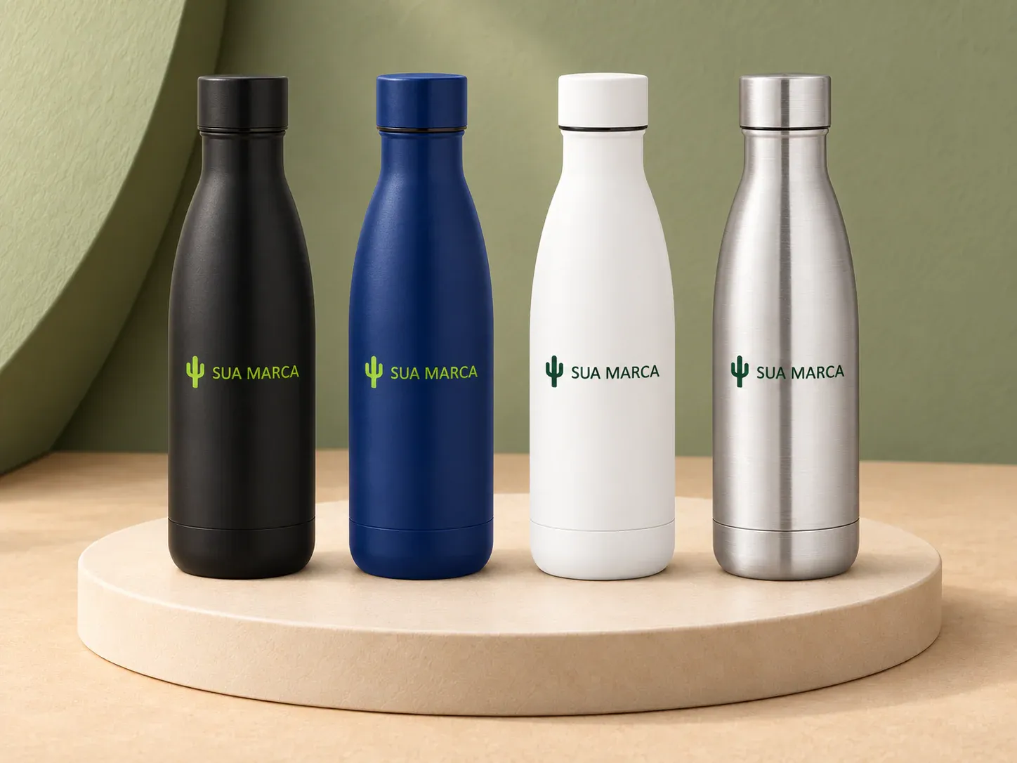 Garrafa térmica em aço inox reciclado 520 ml, com exemplo de personalização colorida: um cacto e o texto “SUA MARCA” impressos em cor
