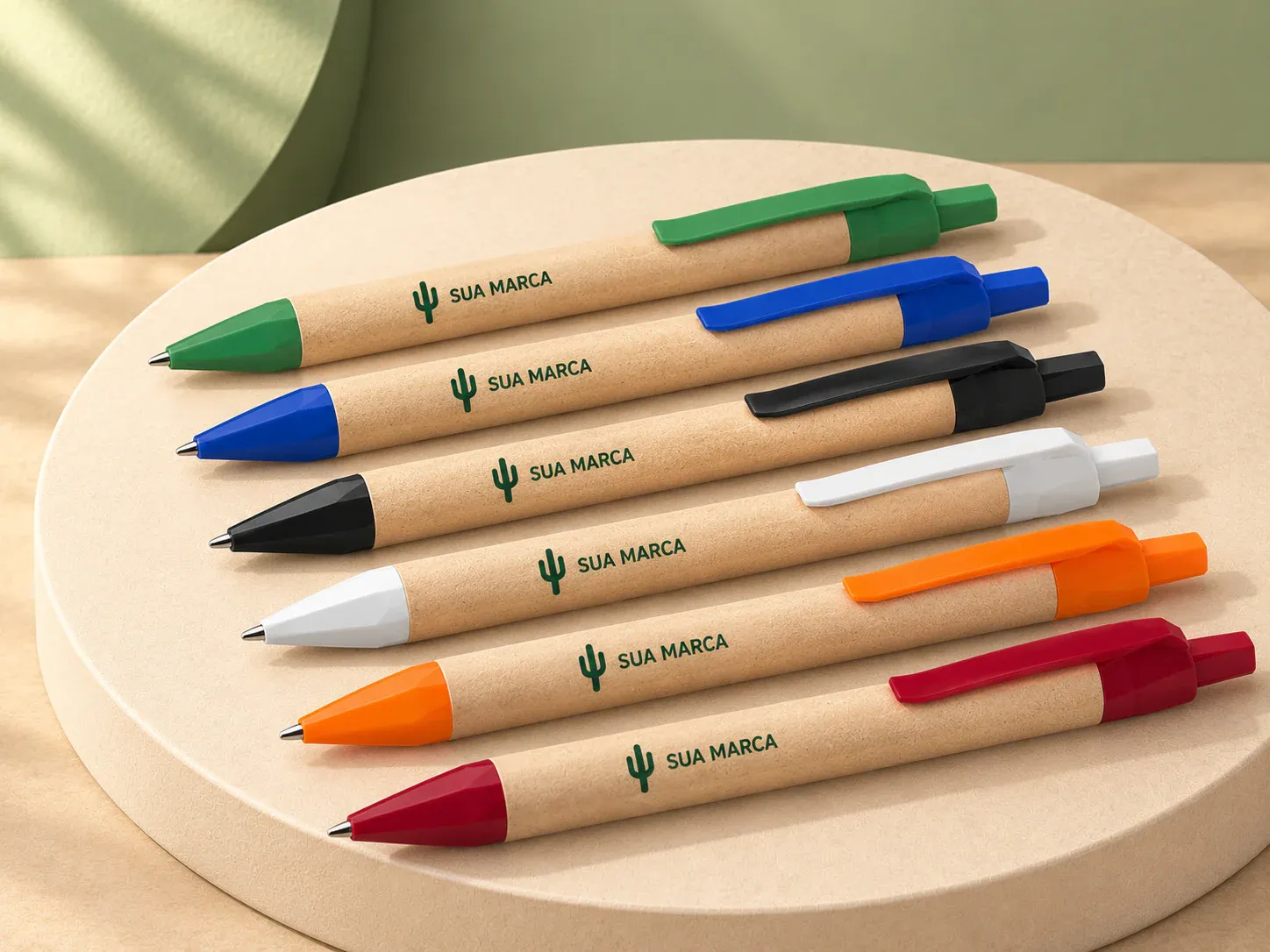 Caneta ecológica de papel, com exemplo de personalização colorida: um cacto e o texto “SUA MARCA” impressos em cor