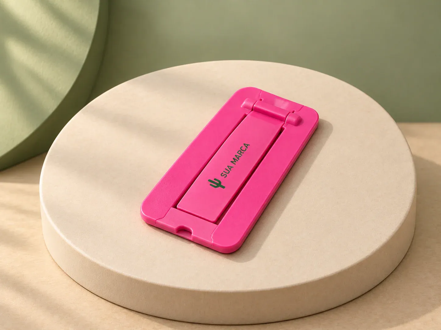 Suporte para celular, com exemplo de personalização colorida: um cacto e o texto “SUA MARCA” impressos em cor