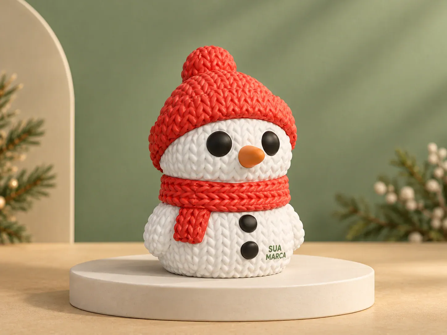 Boneco de neve com textura de tricô, com exemplo de personalização colorida: um cacto e o texto “SUA MARCA” impressos em cor