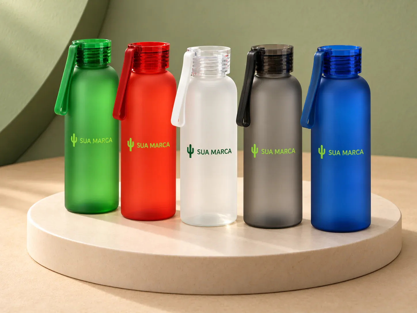 Squeeze esportiva em PET reciclado 600 ml fosca, com exemplo de personalização colorida: um cacto e o texto “SUA MARCA” impressos em cor