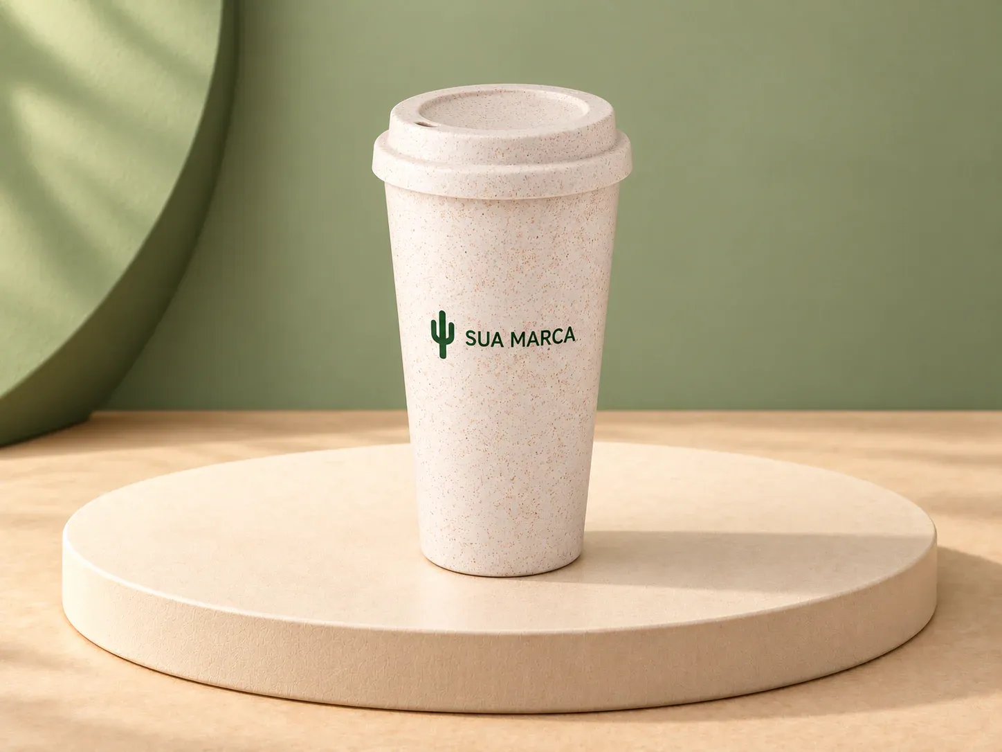 Copo fibra de arroz 550 ml, com exemplo de personalização colorida: um cacto e o texto “SUA MARCA” impressos em cor
