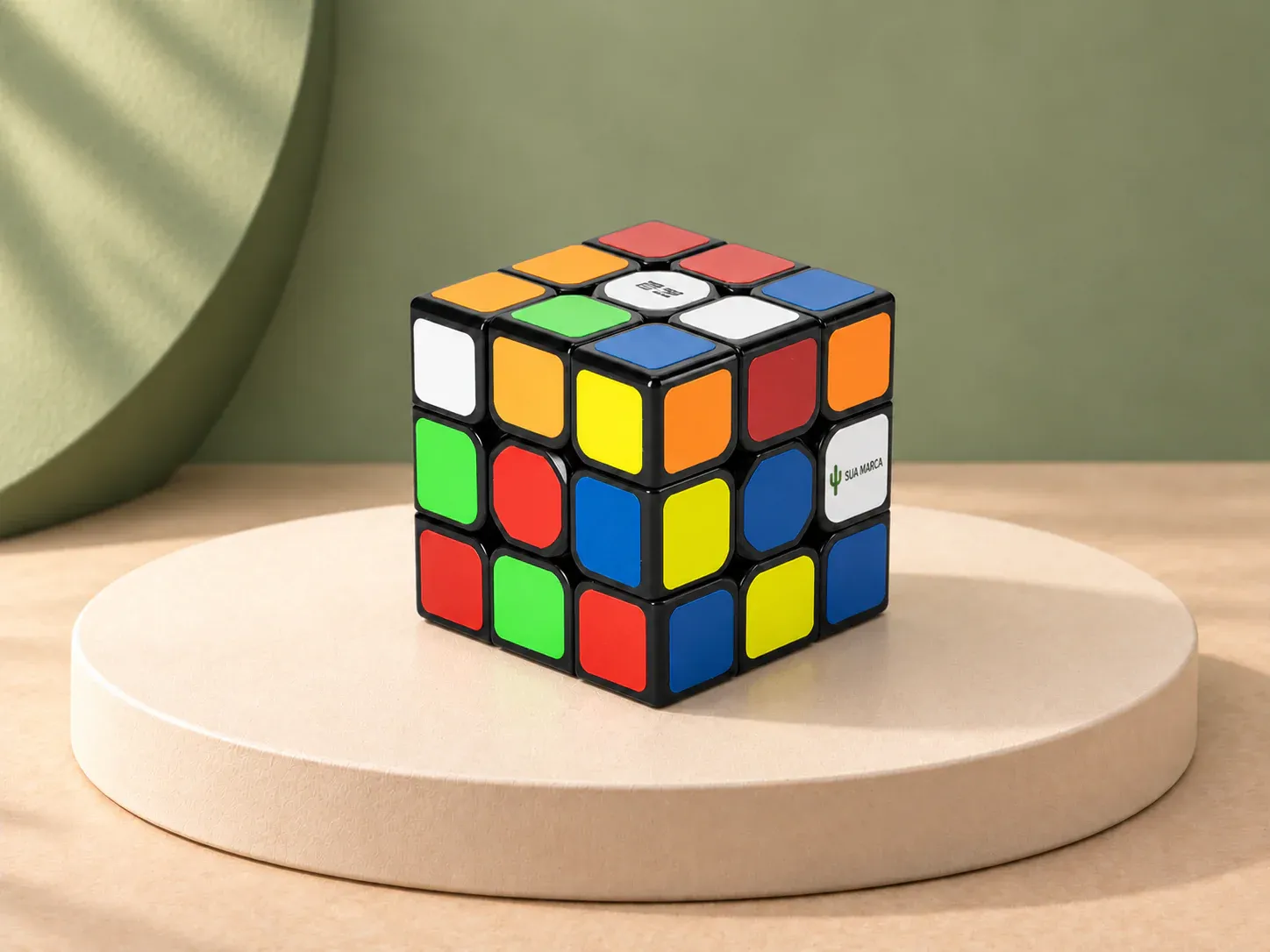 Cubo mágico plástico, com exemplo de personalização colorida: um cacto e o texto “SUA MARCA” impressos em cor