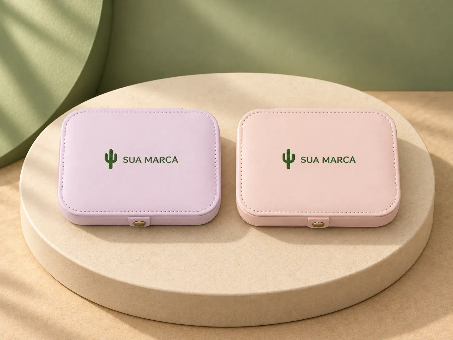 Porta-joias em couro sintético, com exemplo de personalização colorida: um cacto e o texto “SUA MARCA” impressos em cor